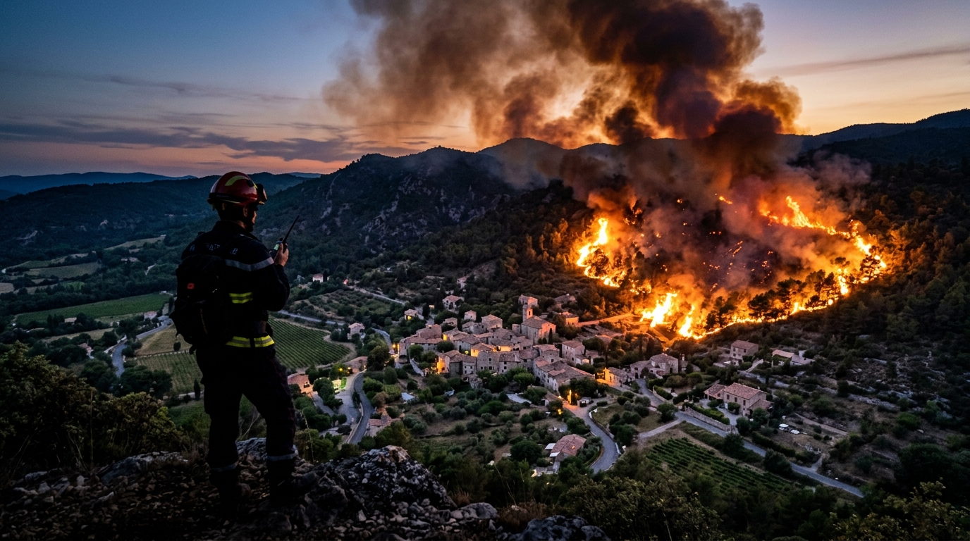 Incendie de forêt progressant vers un village du Var