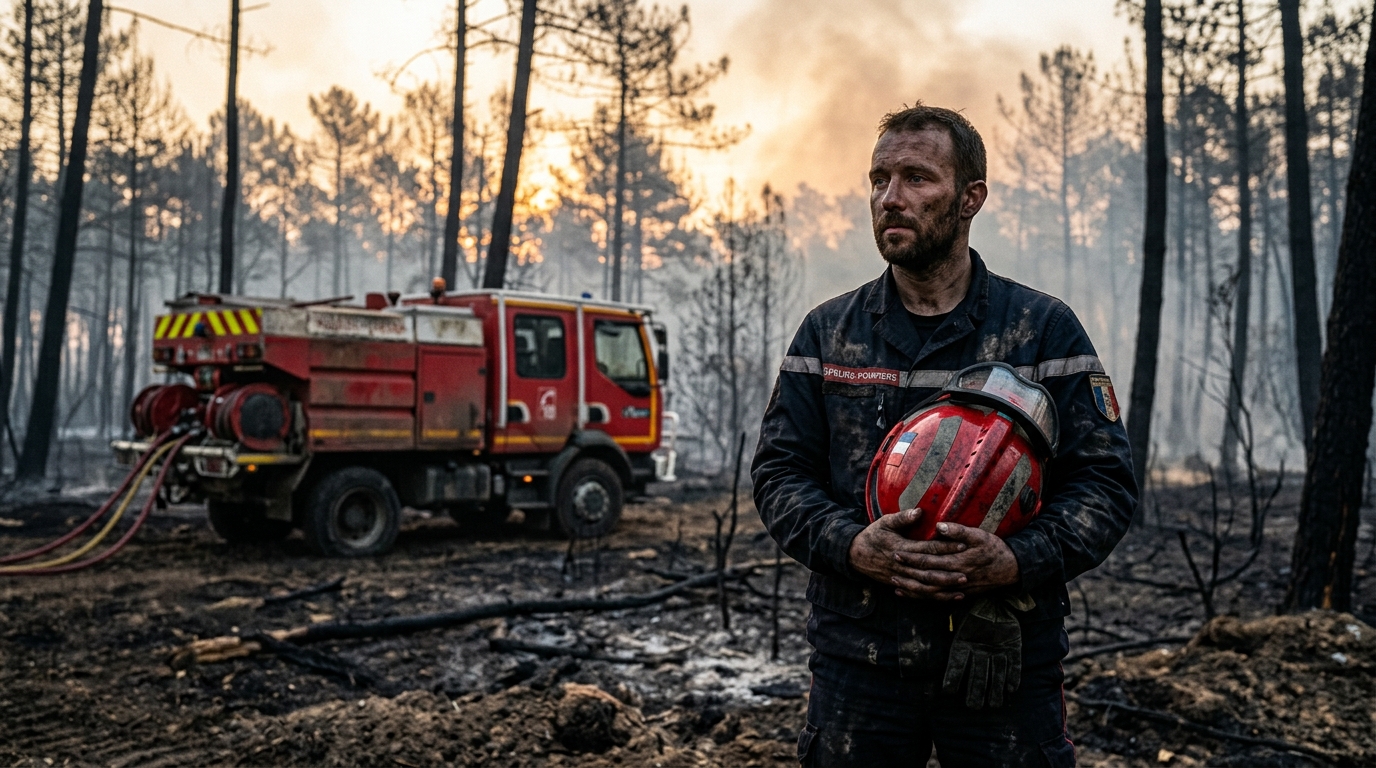 Pompier ému devant une forêt de pins calcinée