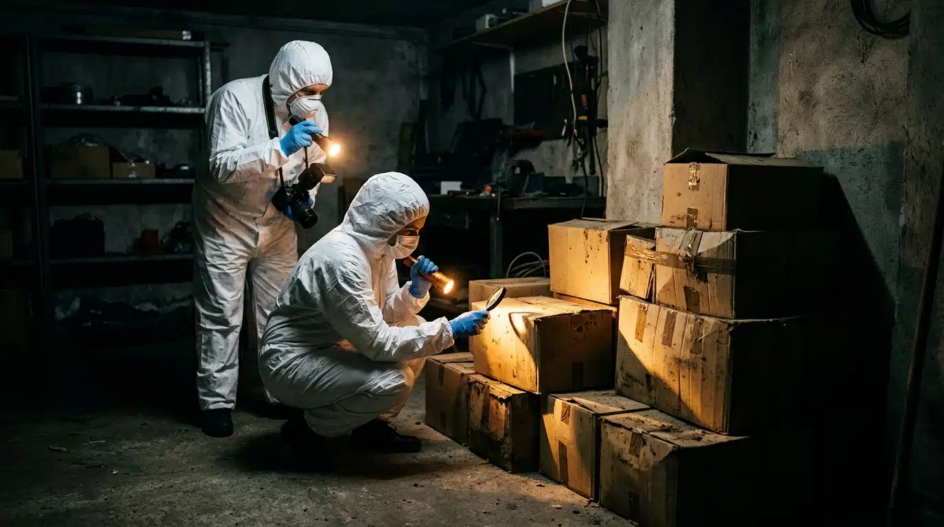 Cartons découverts dans un garage lors d'une enquête policière