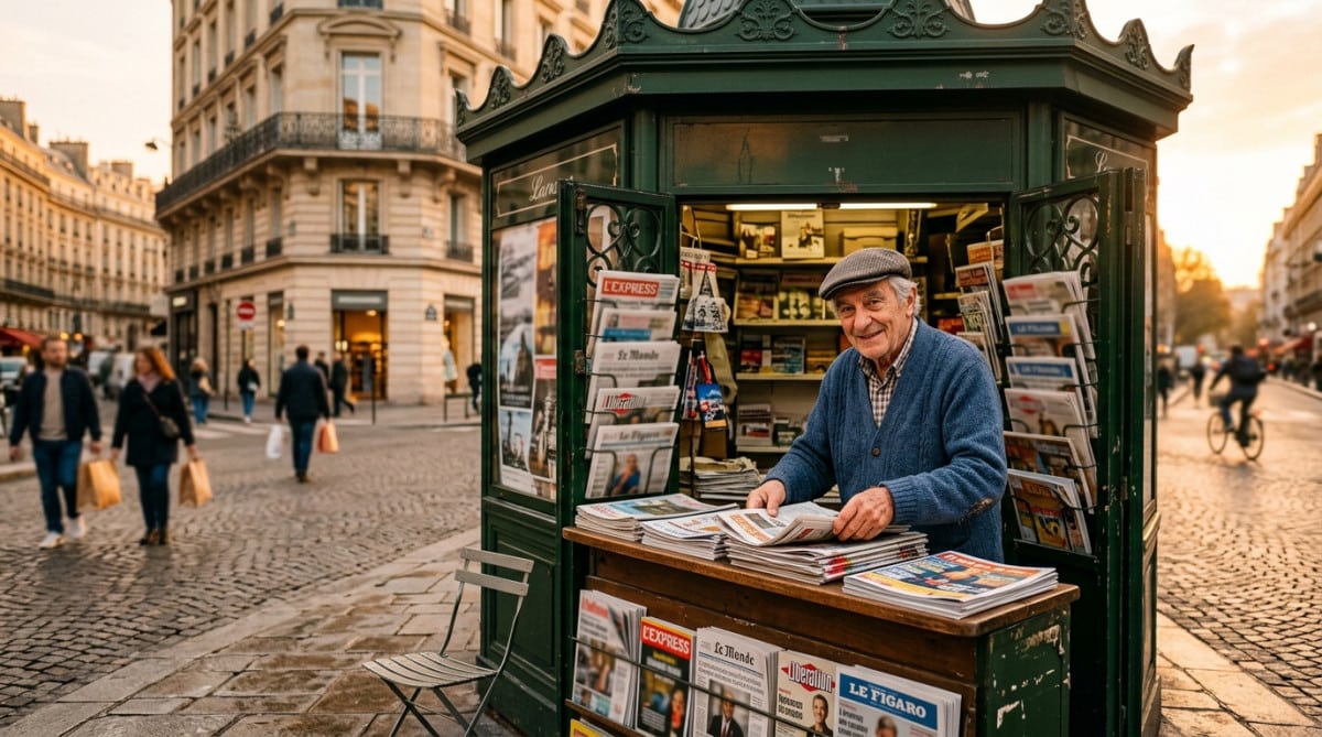 Vendeur devant un kiosque vert parisien traditionnel