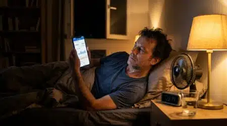 Homme fatigué vérifiant sa facture d'électricité la nuit