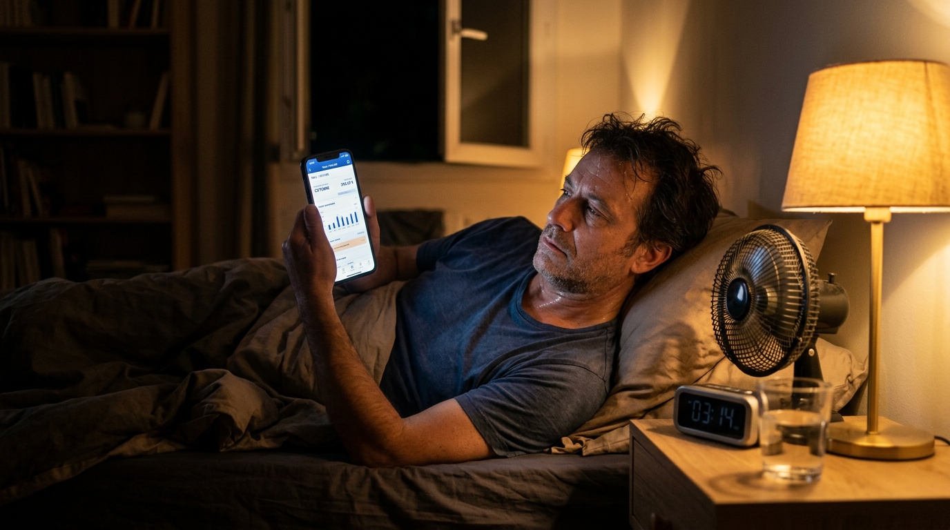Homme fatigué vérifiant sa facture d'électricité la nuit