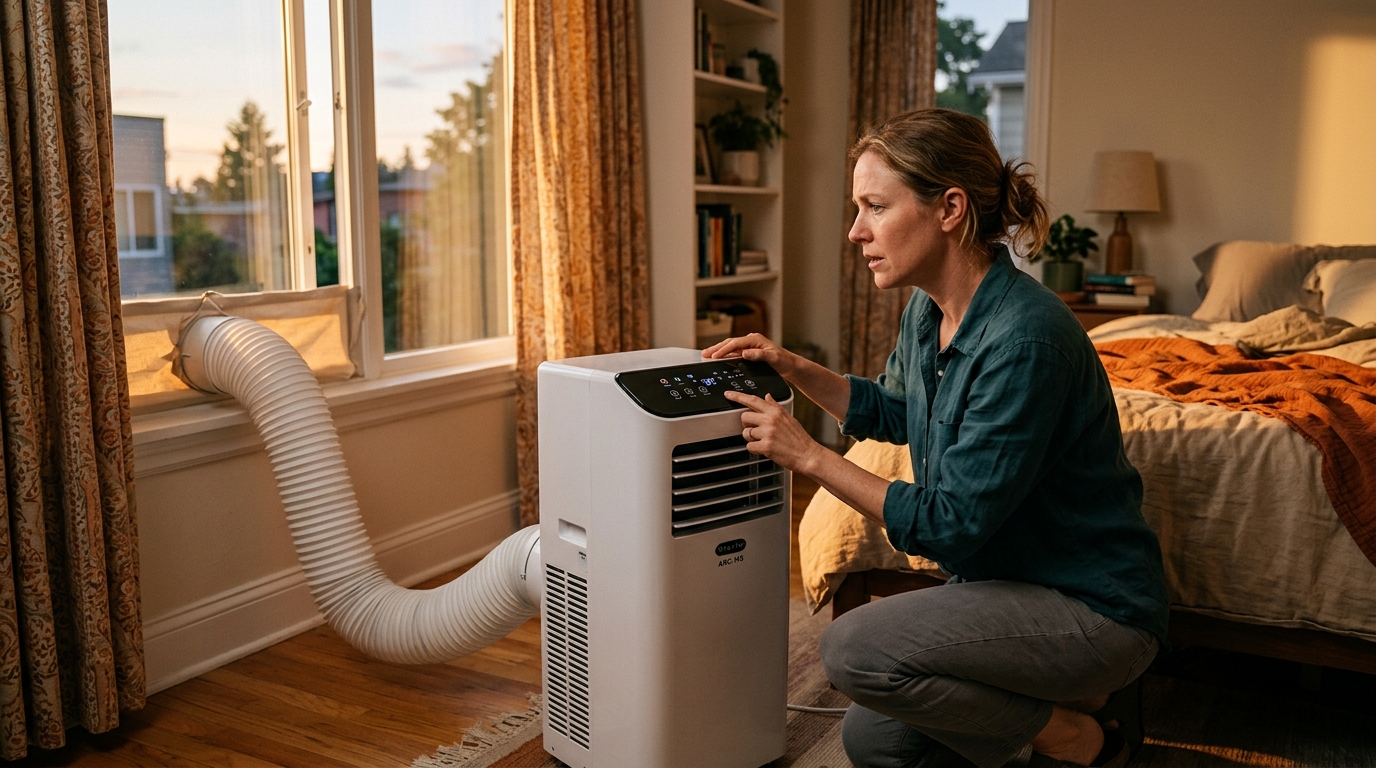 Femme installant un climatiseur mobile avec tuyau d'évacuation