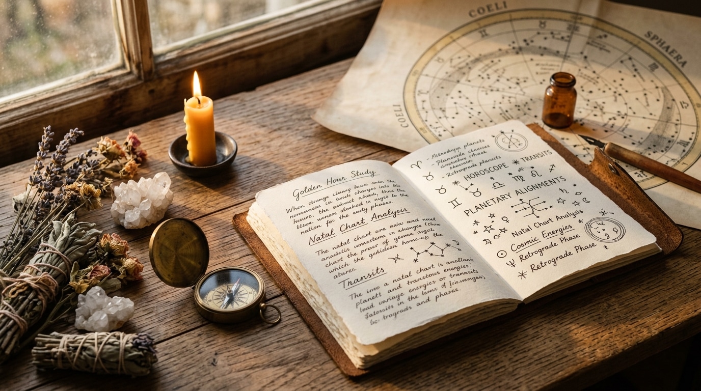 Bureau avec carnet, boussole et bougie ambiance zen