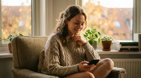 Jeune femme souriante et soulagée près d'une fenêtre