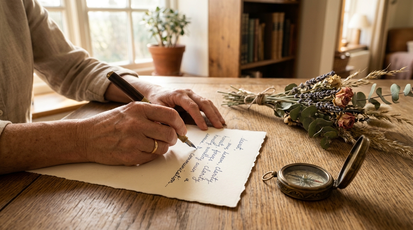 Mains écrivant une lettre avec compas et fleurs séchées