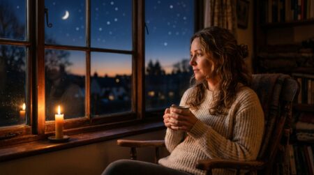 Femme pensive à la lumière des bougies au crépuscule