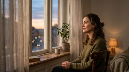Jeune femme pensive et sereine près d'une fenêtre