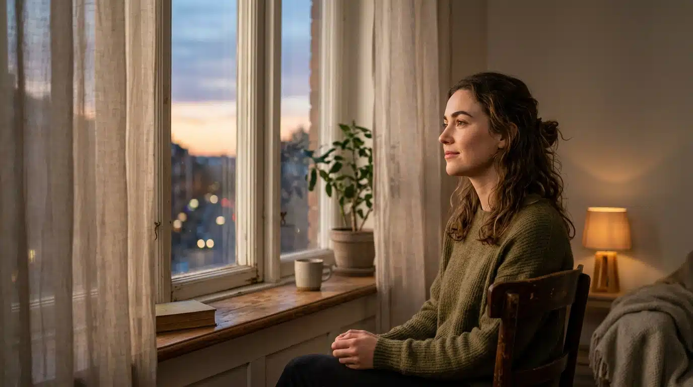 Jeune femme pensive et sereine près d'une fenêtre