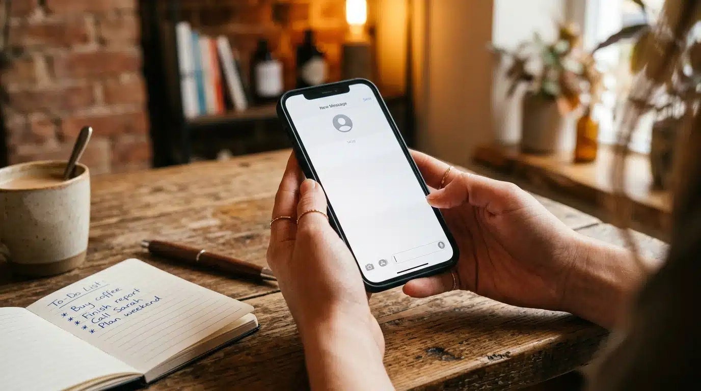 Mains tenant un smartphone sur une table en bois