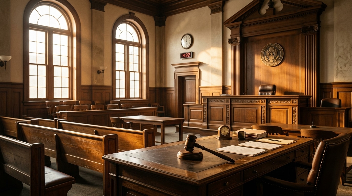 Bureau de tribunal vide avant un verdict judiciaire