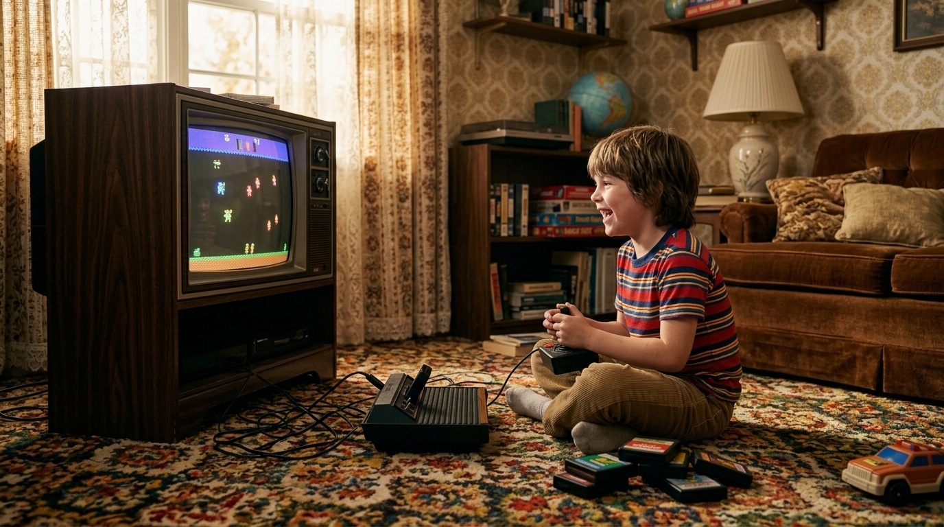 Enfant jouant à une console vintage des années 80