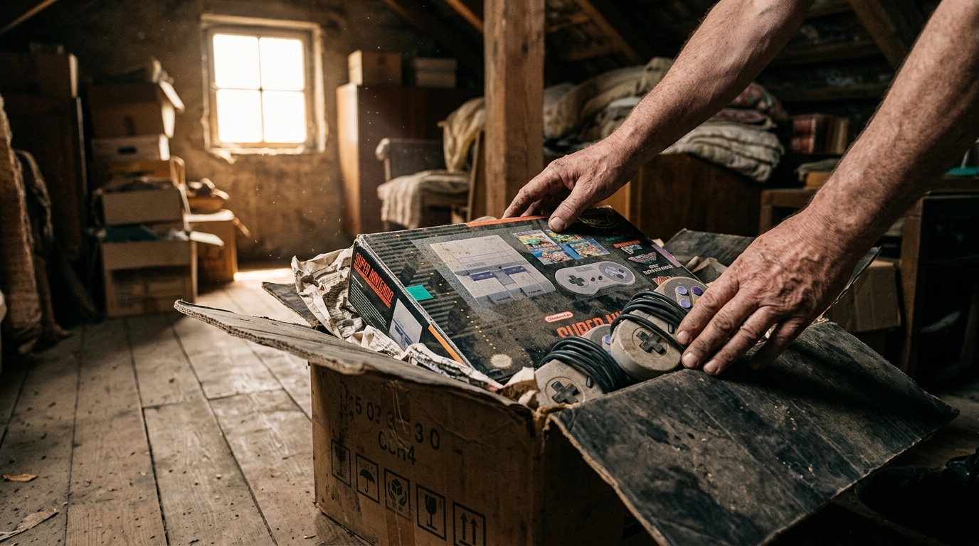 Découverte d'une vieille console dans un carton poussiéreux