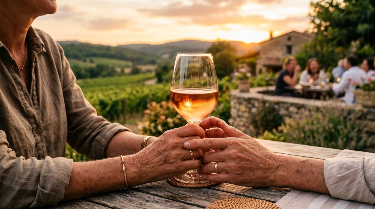 Verre de vin rosé en terrasse au coucher du soleil