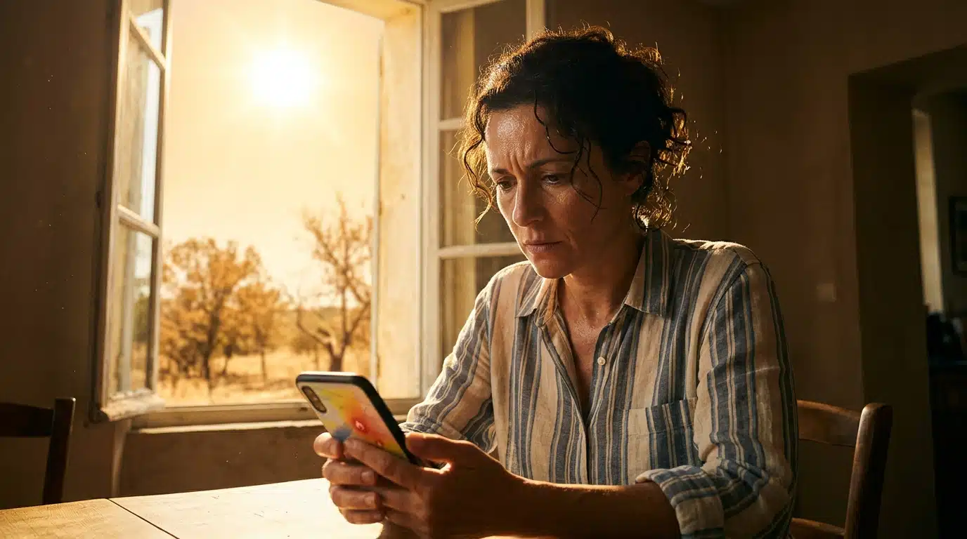 Femme consultant une alerte météo canicule sur son téléphone