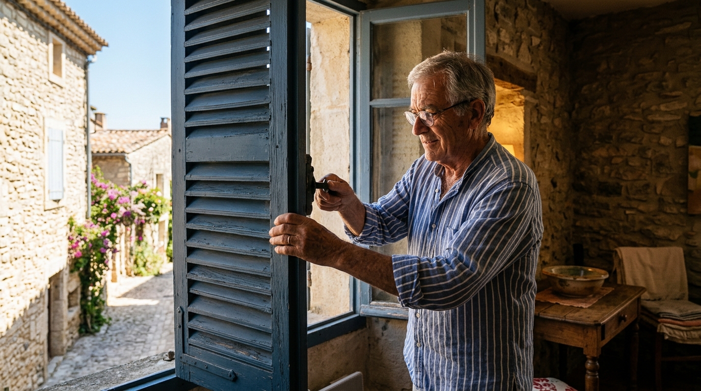 Homme fermant les volets pour se protéger de la canicule