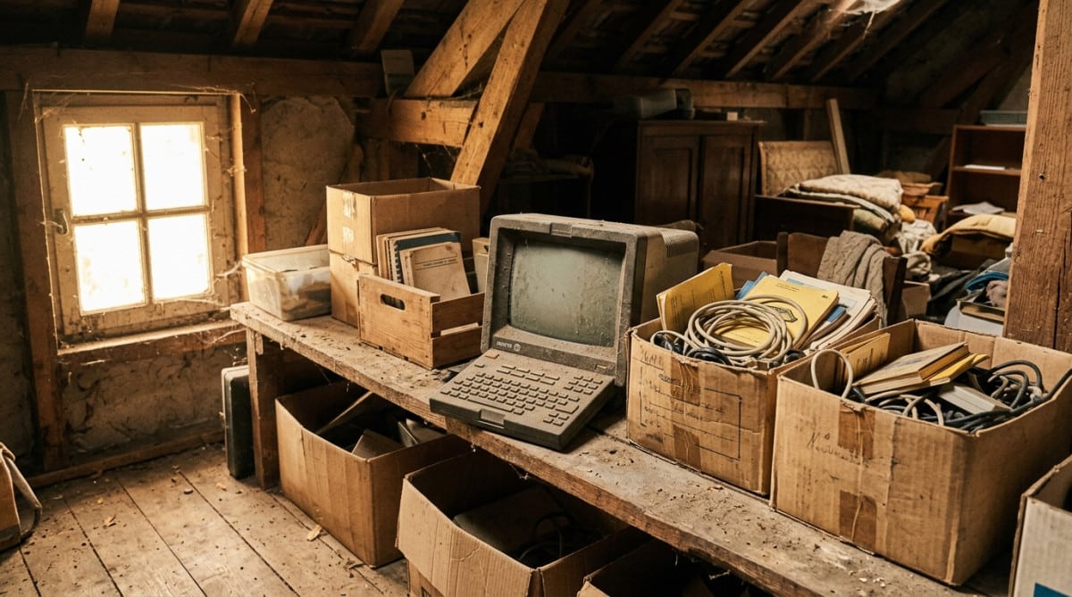 Vieux terminal Minitel poussiéreux oublié dans un grenier