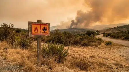 Panneau d'alerte incendie devant un paysage brûlé