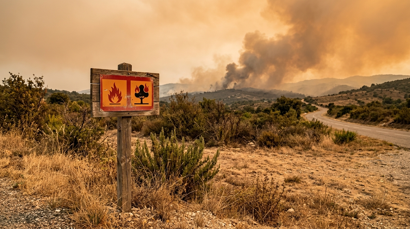 Panneau d'alerte incendie devant un paysage brûlé