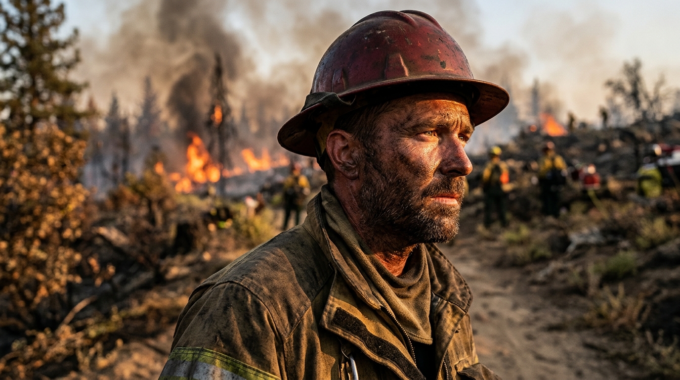 Pompier épuisé face à un feu de forêt