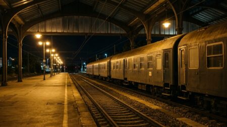 Quai de gare vide la nuit avec trains fermés