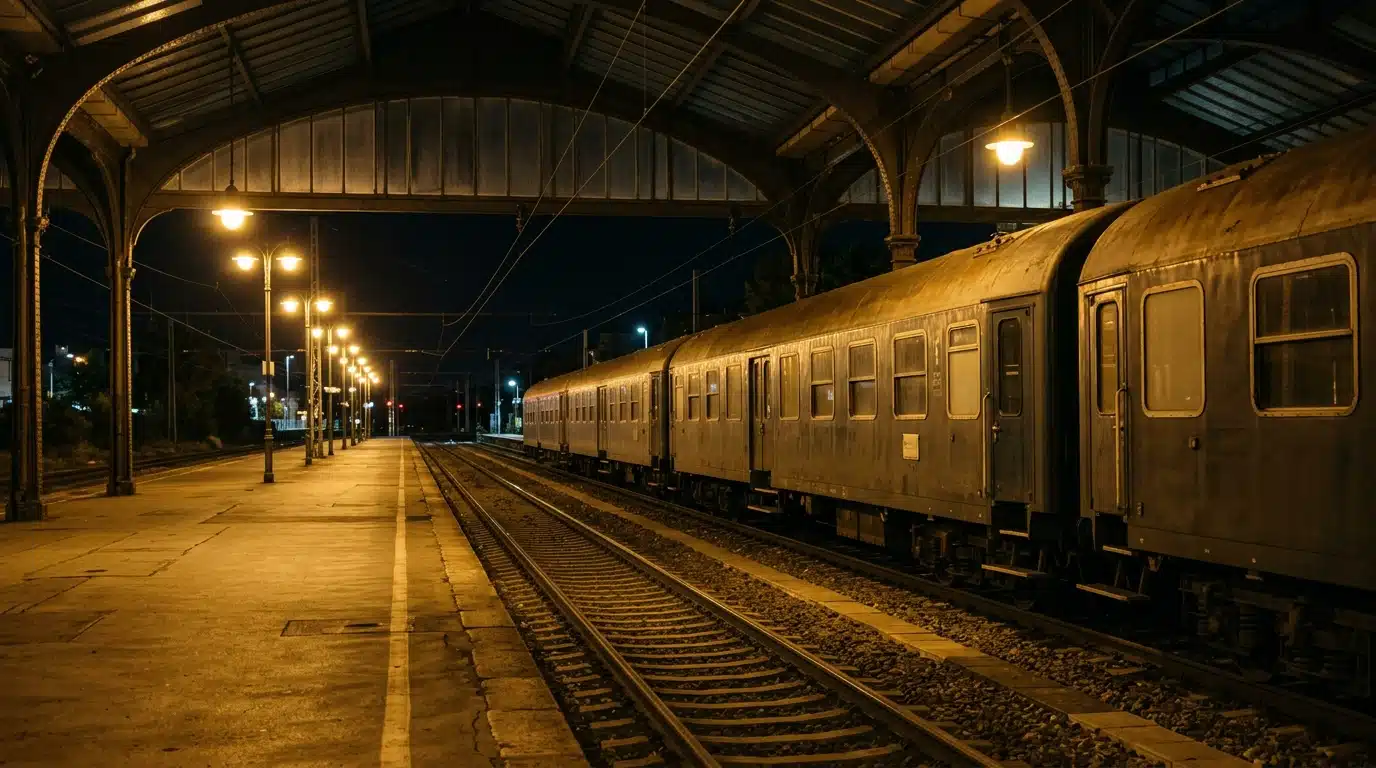 Quai de gare vide la nuit avec trains fermés