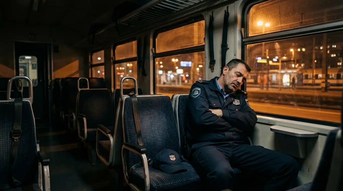 Agent de sécurité endormi dans un train à l'arrêt