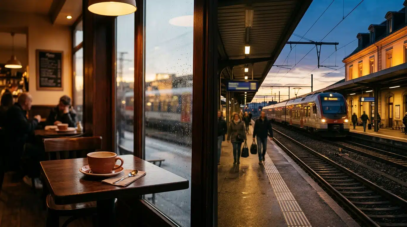 Tasse de café vide près d'une gare au crépuscule