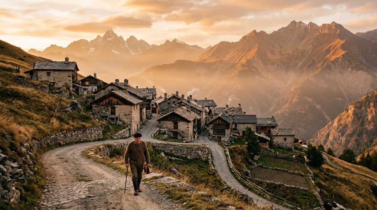 Village isolé de montagne en France au coucher du soleil