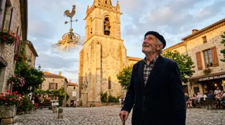 Villageois observant un coq de clocher au coucher du soleil
