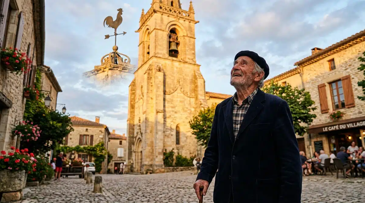 Villageois observant un coq de clocher au coucher du soleil