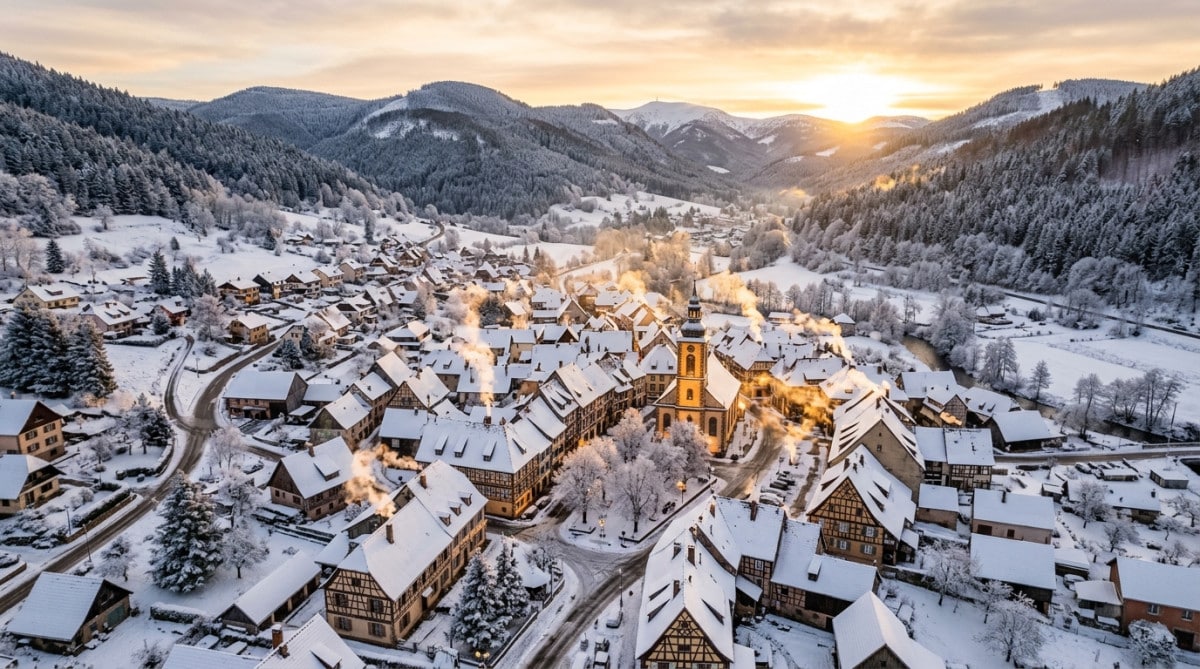 Ville française enneigée dans les Vosges en hiver