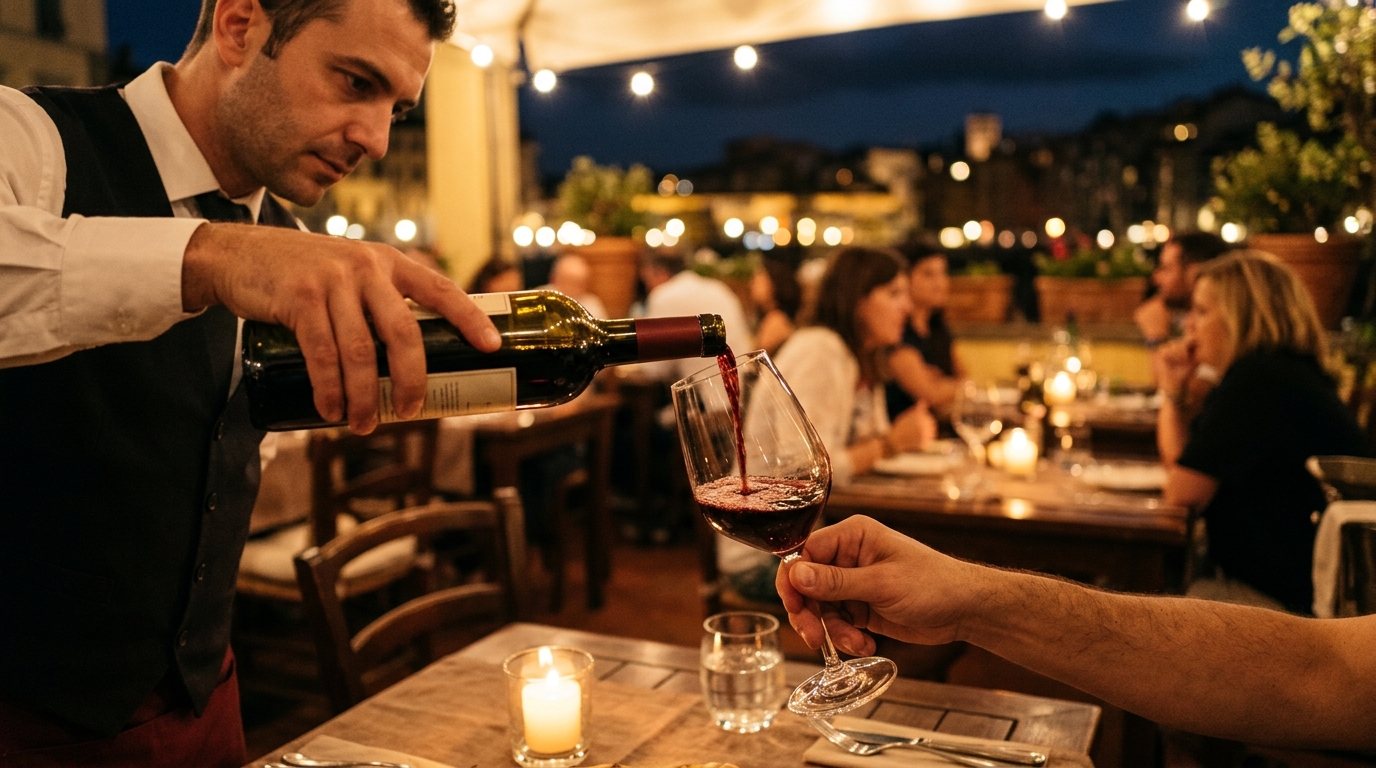 Serveur versant un verre de vin au restaurant