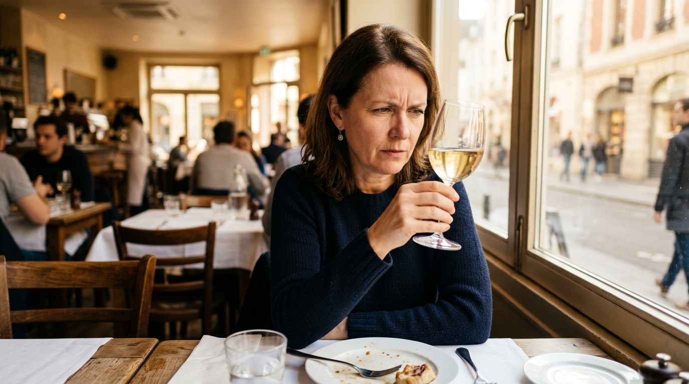 Client examinant un verre de vin avec méfiance