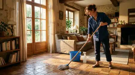 Femme passant la serpillière sur un carrelage lumineux