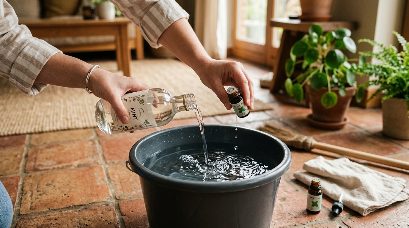 Préparation du mélange eau froide vinaigre huile essentielle