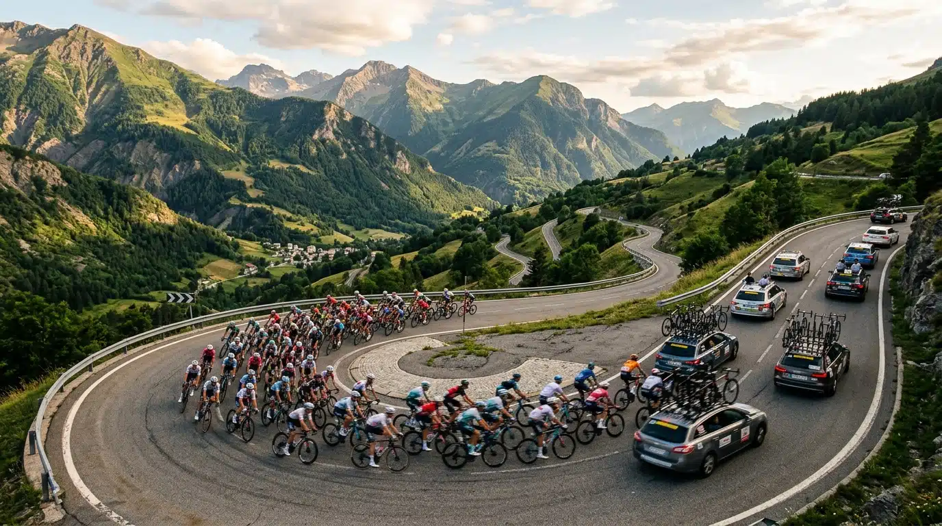 Peloton cycliste dans une descente de montagne alpine