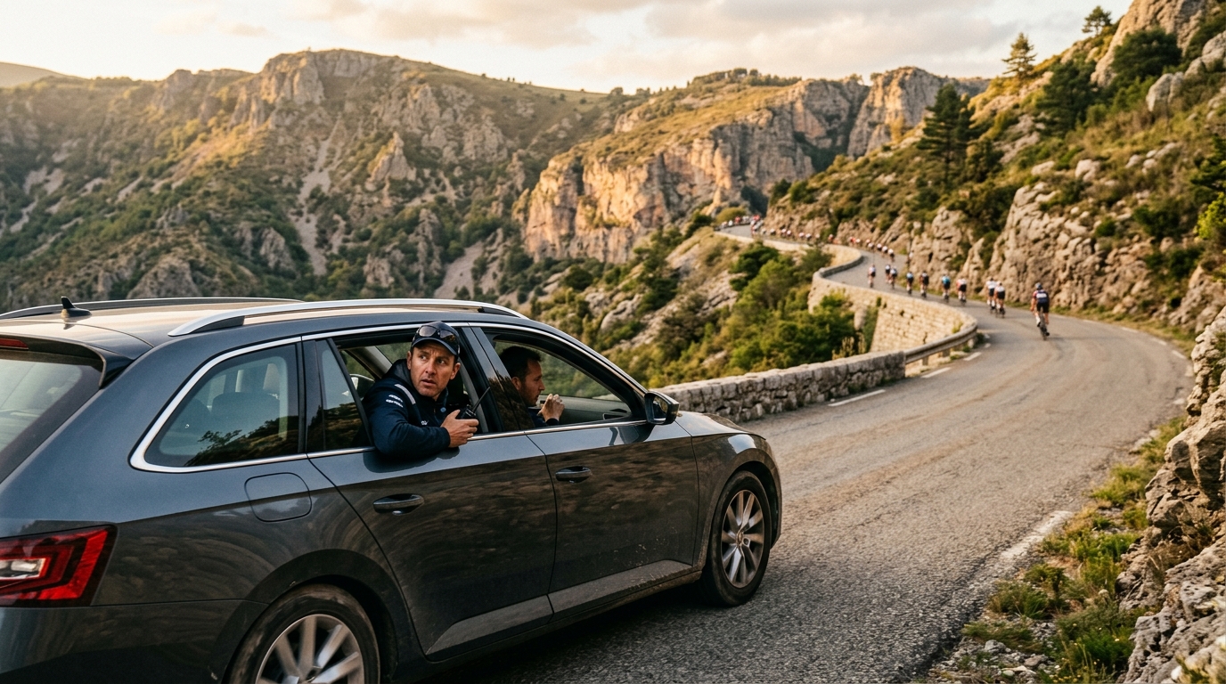 Voiture d'équipe suivant les coureurs en montagne