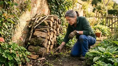 Jardinier inspectant un tas de bois posé au sol