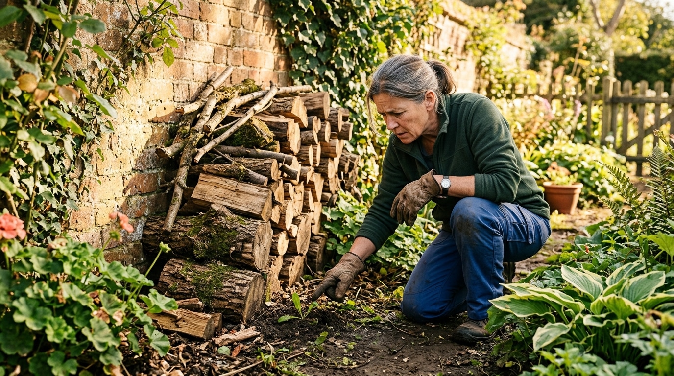Jardinier inspectant un tas de bois posé au sol