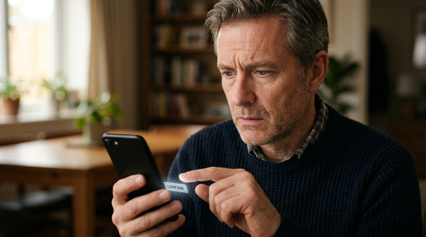 Personne hésitant avant de valider un virement bancaire