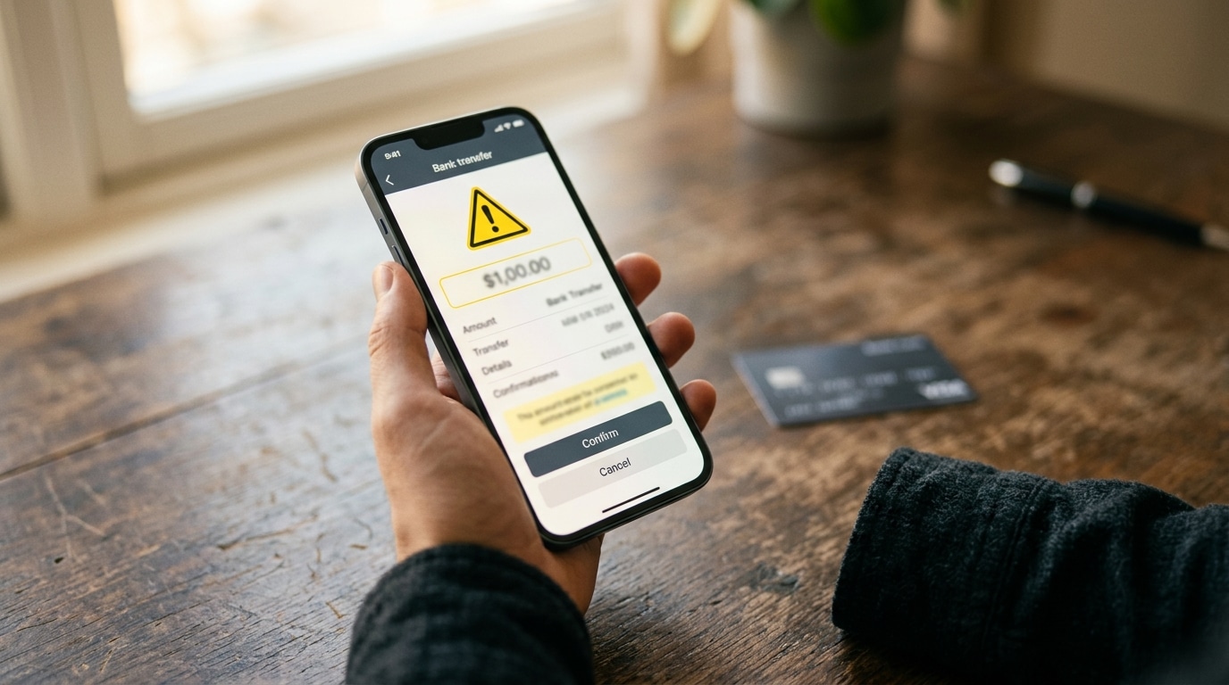 Smartphone affichant une alerte de virement bancaire suspect