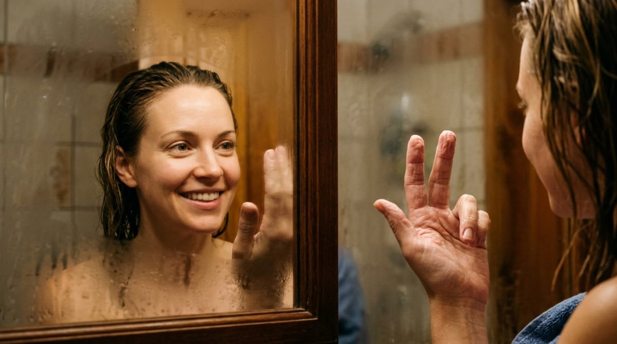 Visage lisse contrastant avec doigts plissés dans le miroir