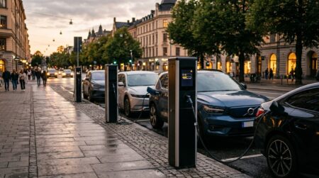 Bornes de recharge électriques occupées en ville la nuit