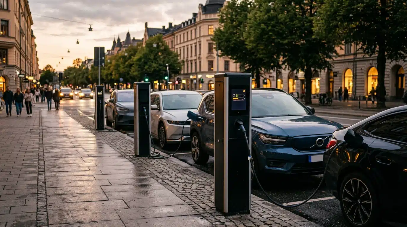 Bornes de recharge électriques occupées en ville la nuit