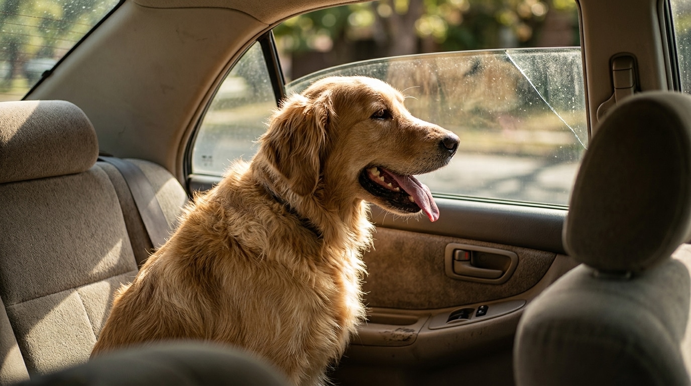 Chien haletant sur la banquette d'une voiture ensoleillée
