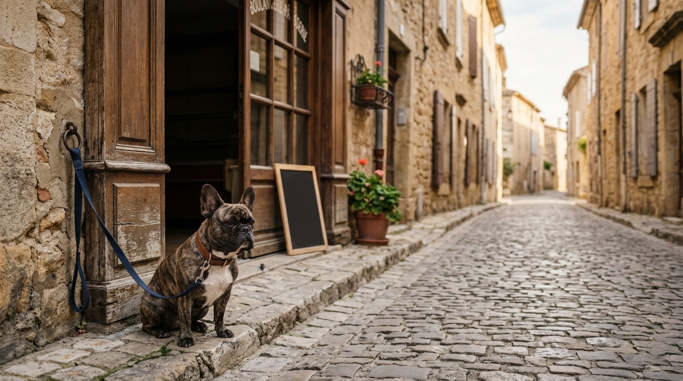 Bouledogue français attaché seul devant un magasin