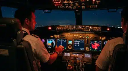 Cockpit d'avion de nuit avec écran anticollision allumé