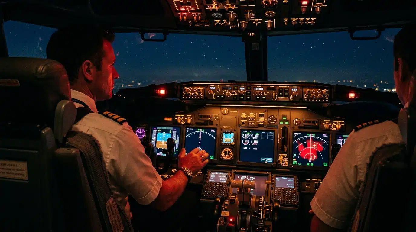 Cockpit d'avion de nuit avec écran anticollision allumé