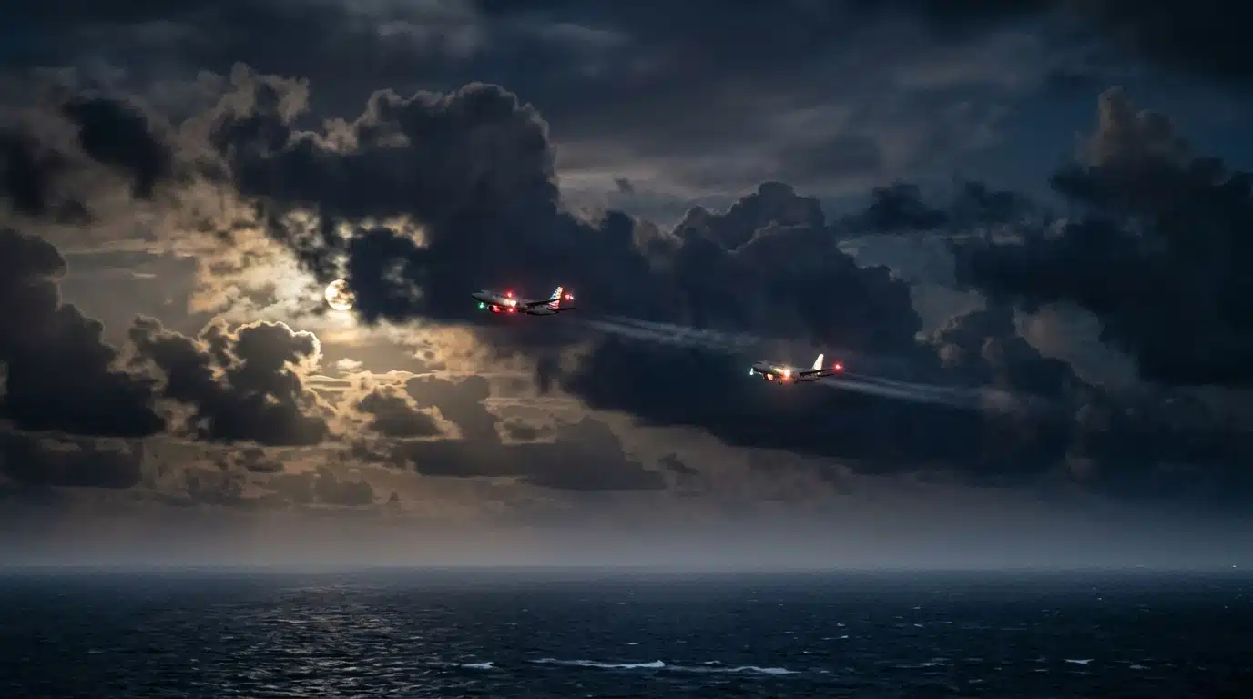 Deux avions de ligne se croisant dans le ciel nocturne